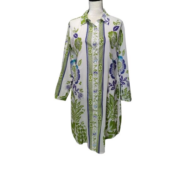 Haute Hippie Sz XS Green White Long Sleeve Floral Button Front Shirt Dress - Picture 1 of 10